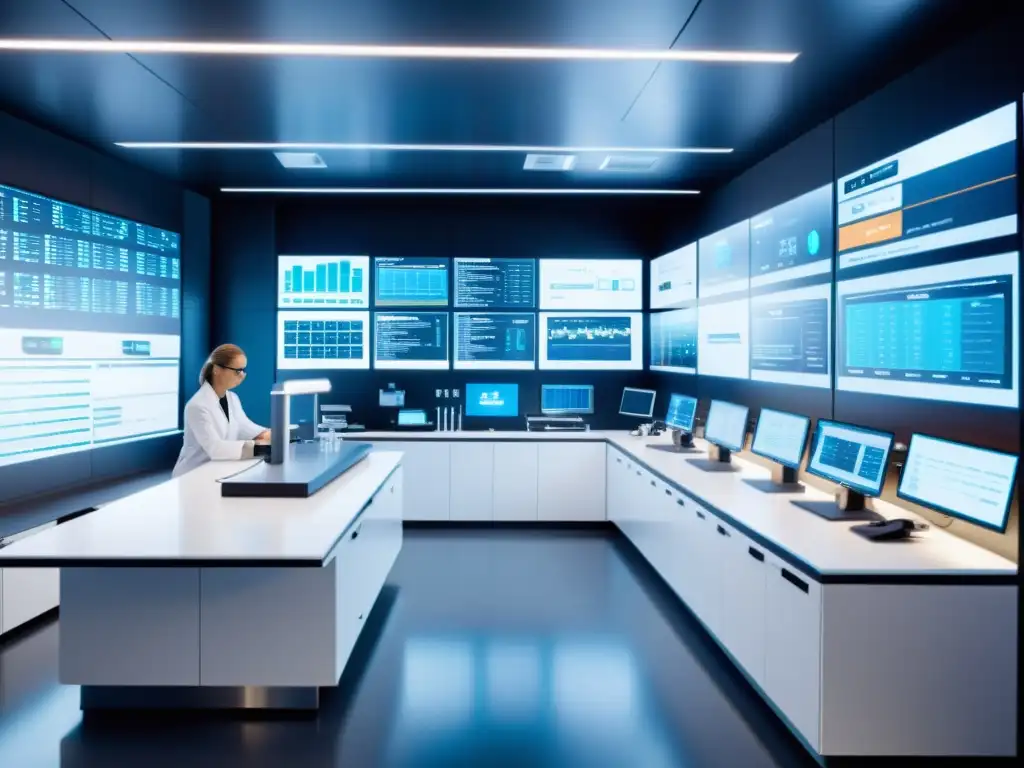 Lab futurista de nutrición deportiva con tecnología avanzada Un laboratorio futurista de alta tecnología para nutrición deportiva personalizada para atletas, con científicos en batas blancas trabajando en pantallas y equipos de vanguardia
