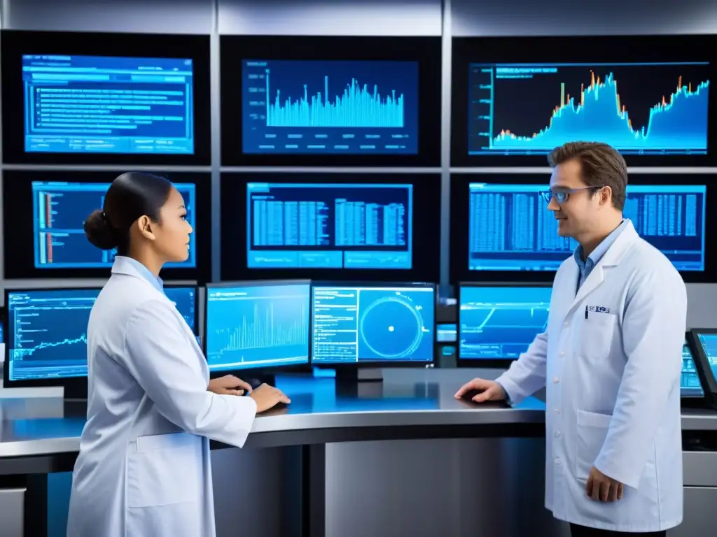 Lab de investigación genómica: Innovación en alta tecnología Un laboratorio futurista de alta tecnología con científicos en batas blancas, trabajando en investigaciones precisas bajo una suave luz azul, mostrando visualizaciones genómicas en pantallas de alta resolución