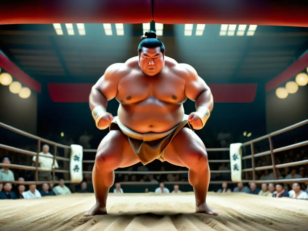 Sumo wrestler ejecutando un movimiento explosivo Un luchador de sumo muestra una impresionante fuerza y agilidad en el ring, destacando la suplementación efectiva para luchadores de sumo