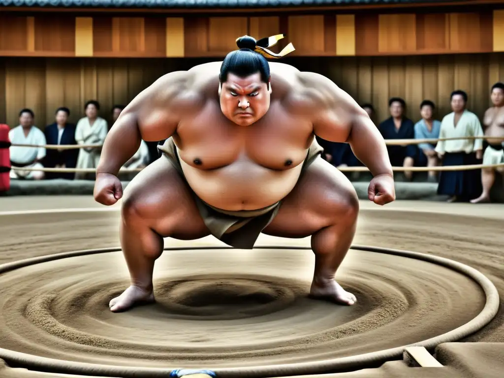 Espectacular maniobra de sumo: fuerza y agilidad en acción Un luchador de sumo ejecutando un movimiento ágil y rápido que muestra una increíble fuerza y destreza