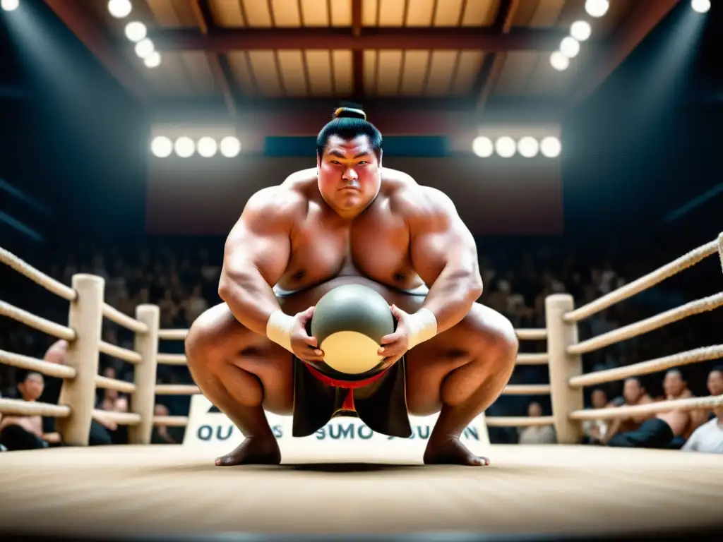 Sumo tradicional y suplementos modernos: fuerza y agilidad en el ring Un luchador de sumo en movimiento poderoso, rodeado de suplementación efectiva para luchadores de sumo, fusionando tradición con modernidad