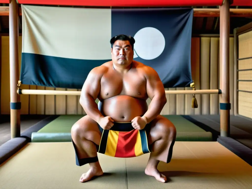 Entrenamiento de sumo: poder y determinación Un luchador de sumo levanta pesas en un gimnasio tradicional, mostrando determinación y poder