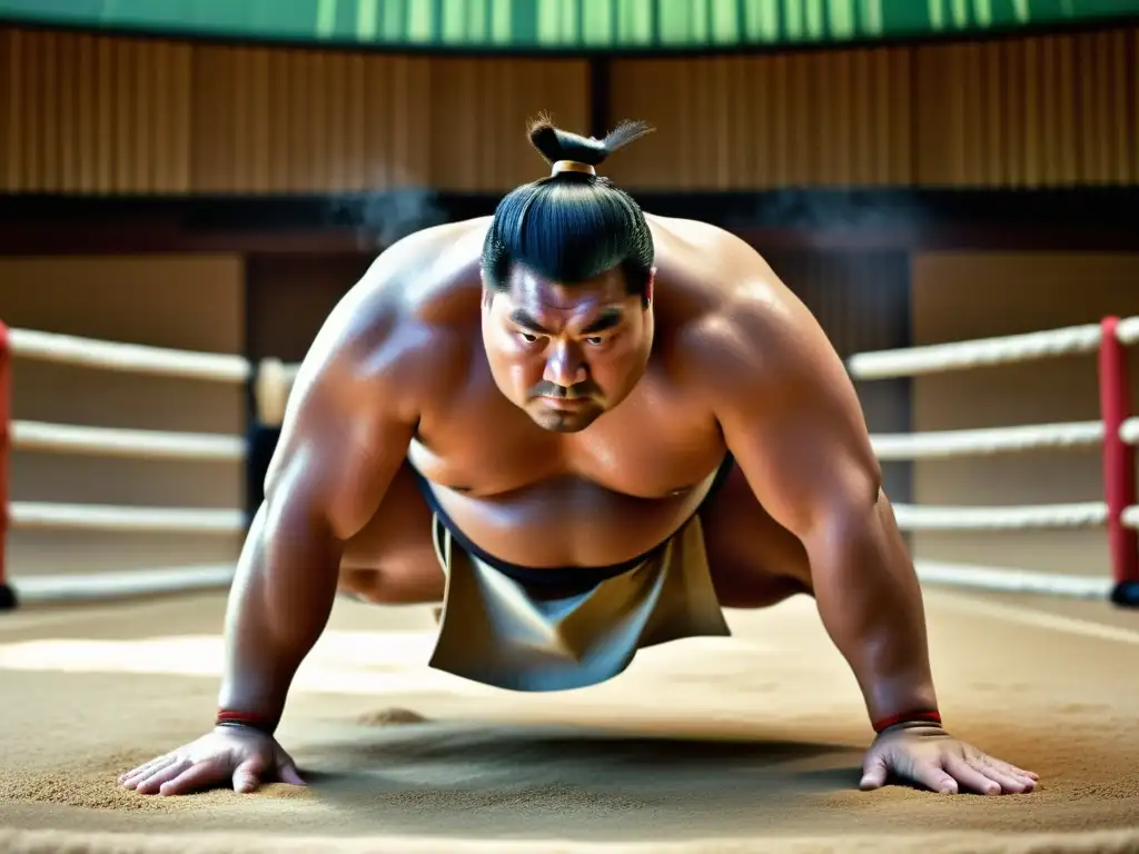 Sumo: Entrenamiento Intenso con Determinación Un luchador de sumo ejecuta un poderoso lanzamiento en su oponente, mostrando determinación y fuerza