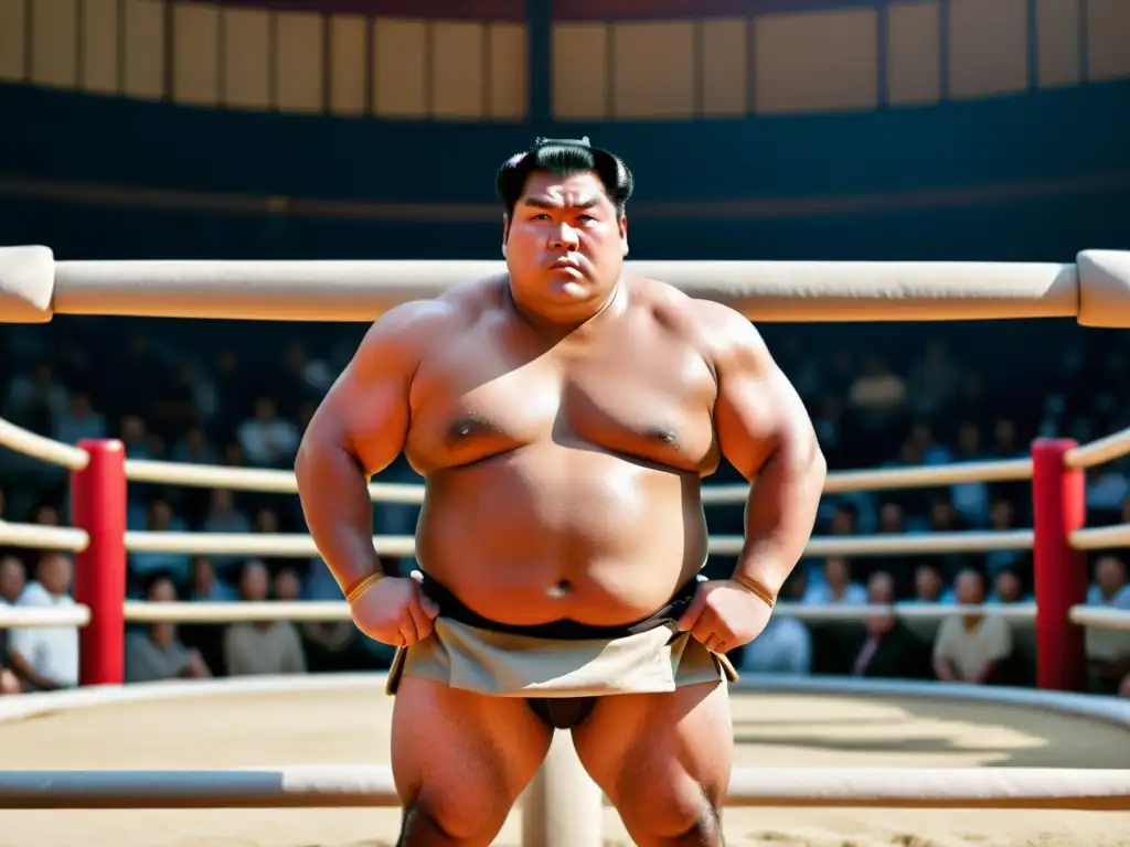 Sumo: Preparación Intensa del Luchador Un luchador de sumo profesional se prepara para el combate en un tradicional ring, rodeado de una multitud