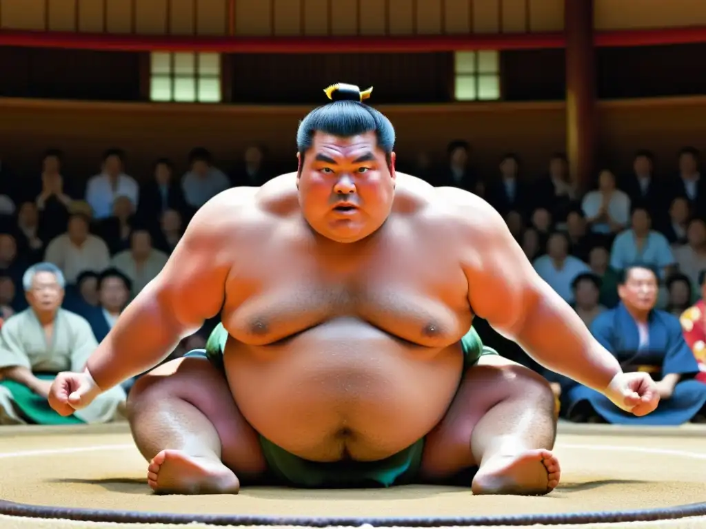 Sumo: Determinación en el Dohyo Un luchador de sumo tradicional con mawashi, realizando un poderoso tachiai en el dohyo, rodeado de una multitud animada vestida con kimonos coloridos