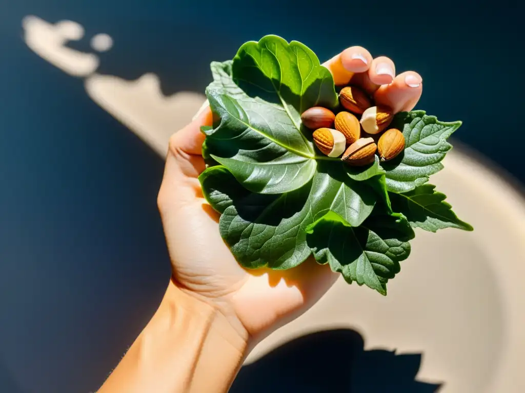 Mano de atleta sosteniendo alimentos ricos en calcio: detalle vibrante Mano de atleta sosteniendo alimentos ricos en calcio con sombras detalladas y colores vibrantes