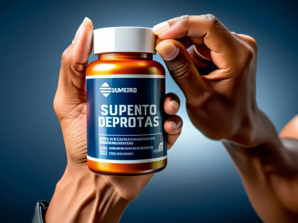Suplementos de Hierro: Potencia y Resistencia Mano de atleta sostiene frasco de suplementos de hierro, con moderna tipografía y fondo de instalación deportiva de alta tecnología
