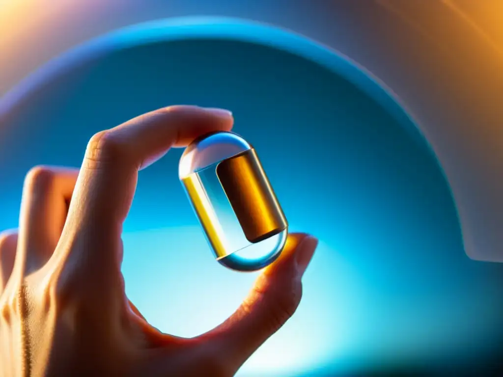 Mano sosteniendo cápsula de suplemento con luz filtrada Mano sostiene cápsula de suplemento nutrición deportiva, en ambiente científico futurista