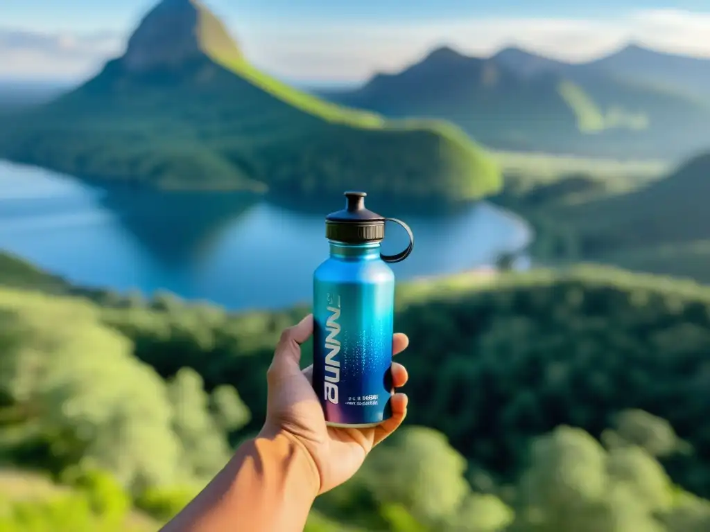 Botella de agua para corredores: energía y frescura en la naturaleza Una mano de corredor alcanza una moderna botella de agua con diseño degradado, en un sendero con vegetación vibrante y cielo azul