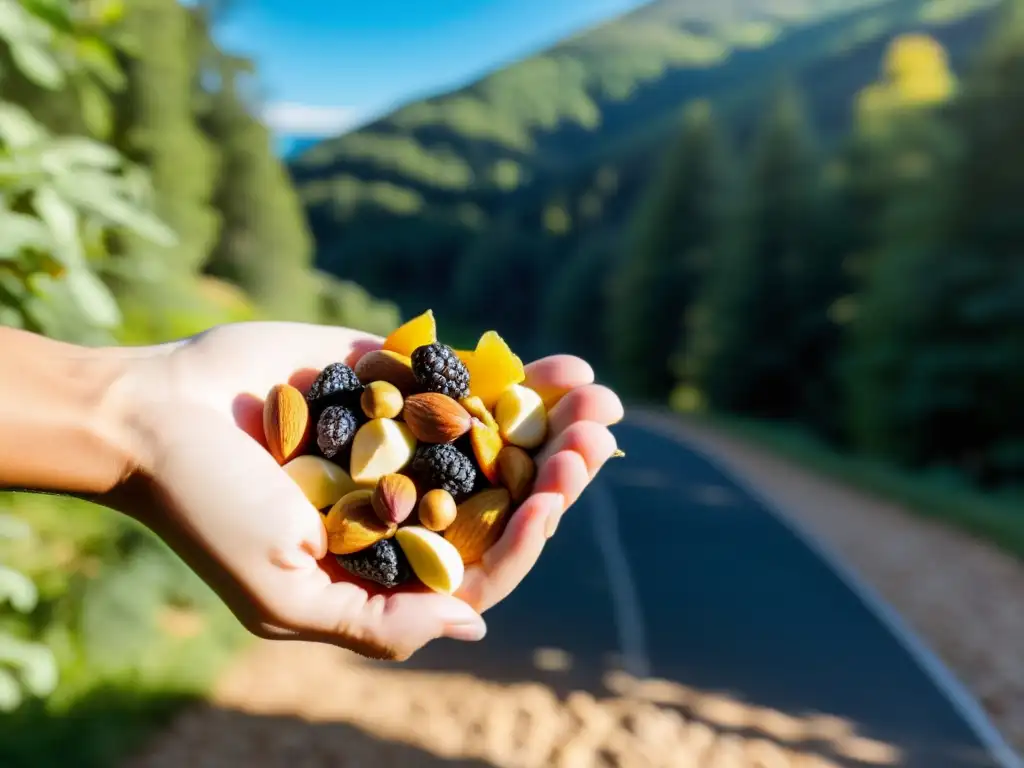 Runner energizado toma tentempié saludable en sendero Mano de corredor tomando snacks para largas tiradas entrenamiento de bolsa moderna en sendero escénico con luz del sol entre árboles