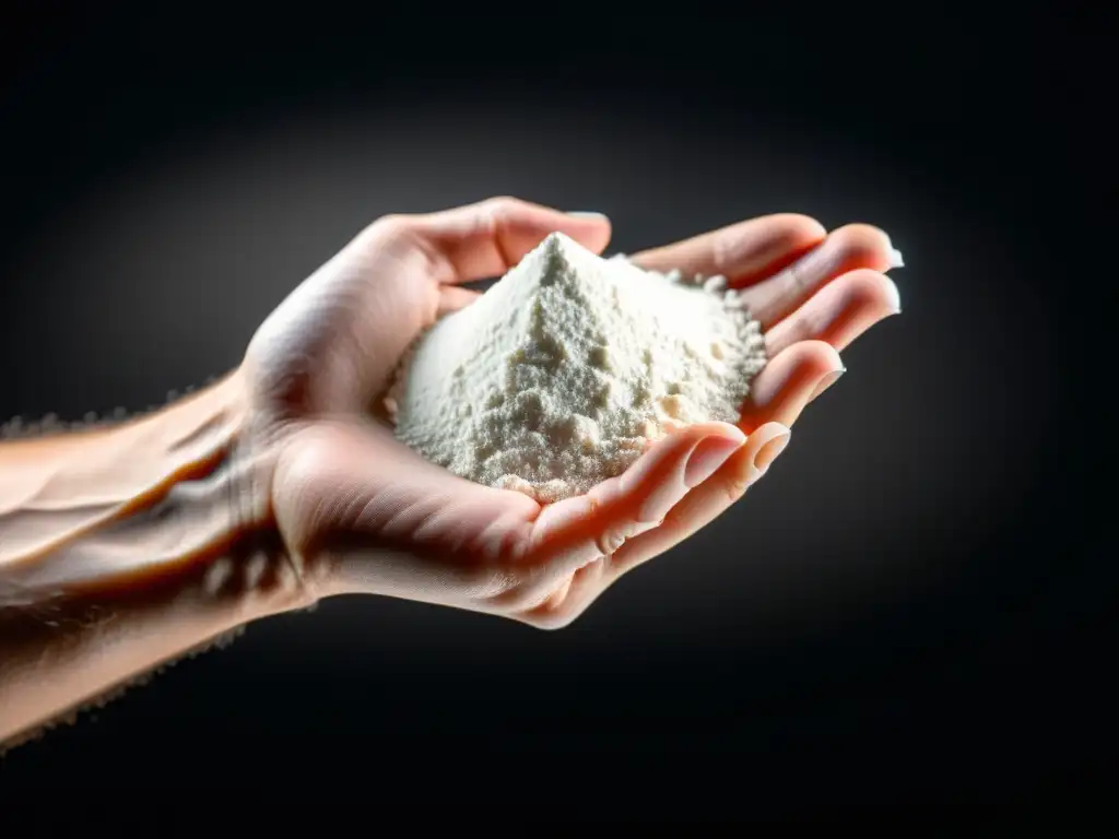 Mano sosteniendo creatina blanca en polvo Mano sostiene creatina monohidrato, realzando su pureza y potencia