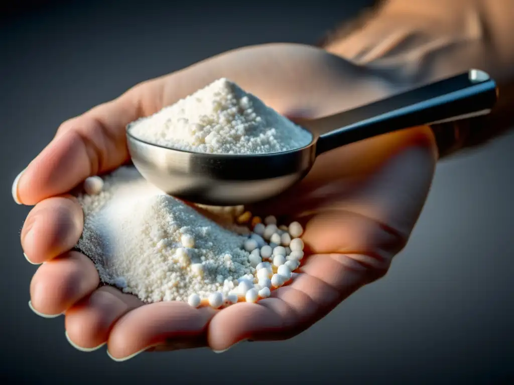 Detalle de mano sosteniendo creatina en polvo Mano sosteniendo creatina monohidrato, resaltando pureza y beneficios para rendimiento deportivo