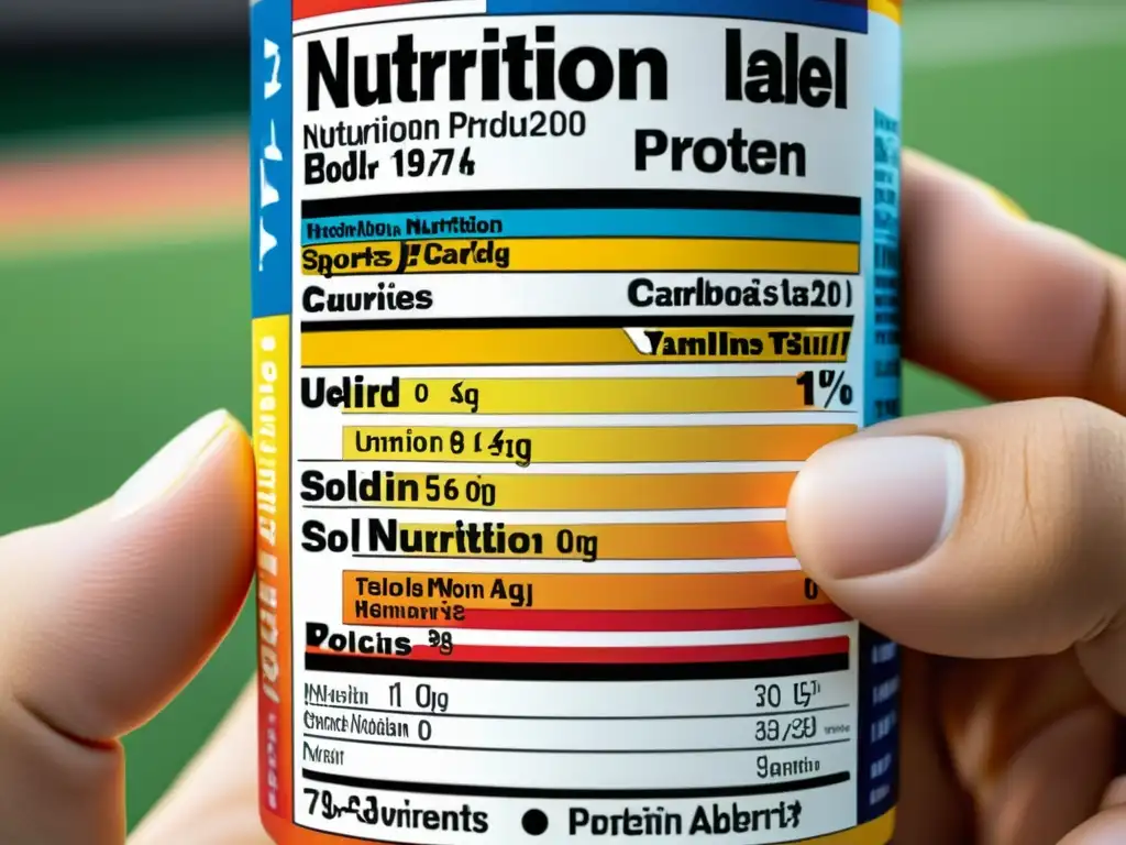 Mano firme y detallada sostiene etiqueta de nutrición deportiva