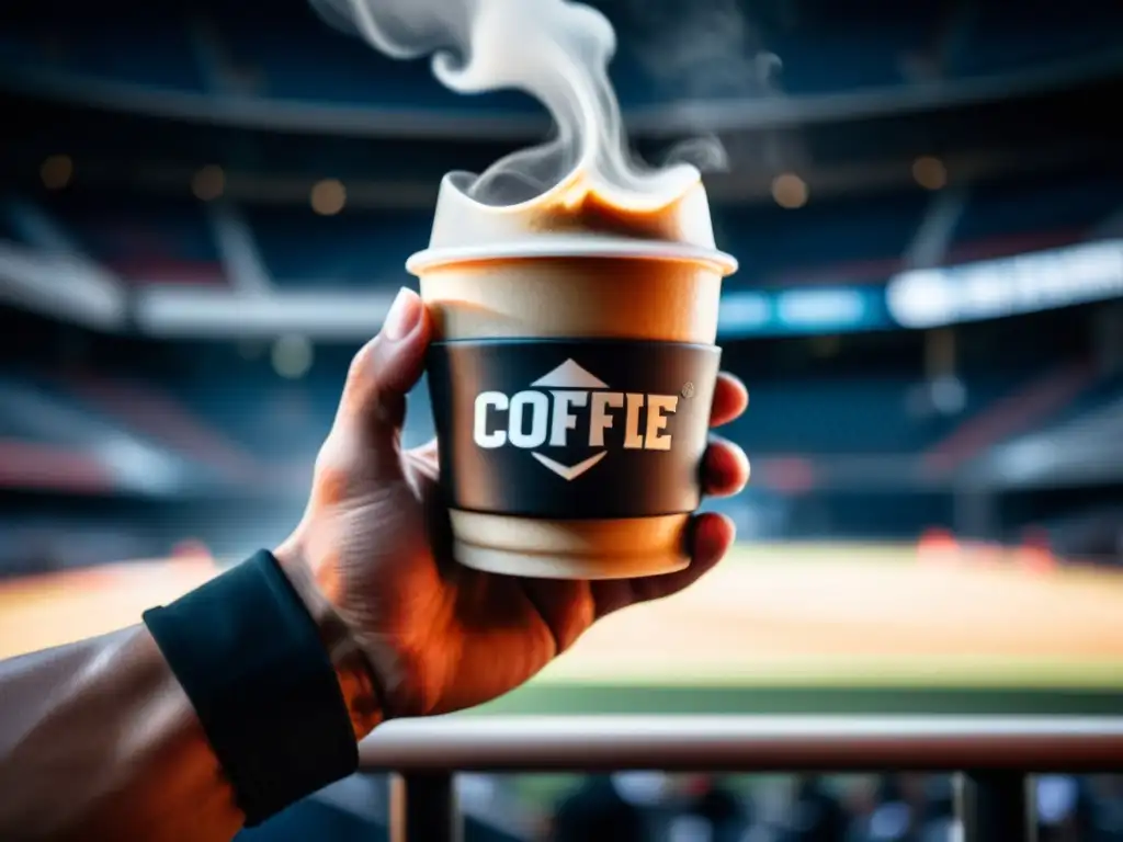 Mano musculosa sosteniendo taza de café en estadio Mano musculosa de atleta sujeta una taza de café con vapor, en el estadio
