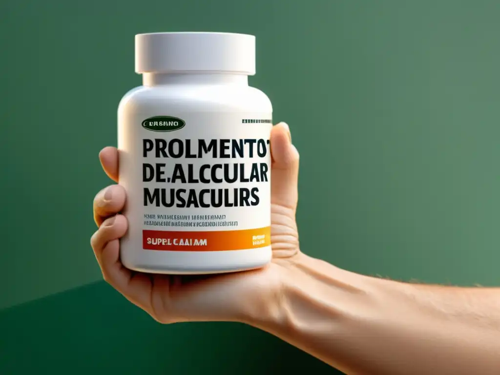 Suplementos de Calcio: Prevención de Calambres Musculares Mano sosteniendo suplementos de calcio para calambres musculares en envase moderno, con iluminación suave y minimalista