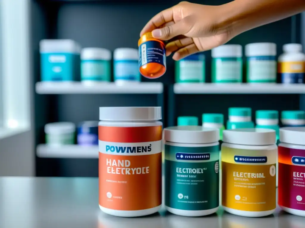 Suplementos Electrolyte: Colores y Vitalidad Una mano selecciona suplementos electrolíticos variados en una encimera moderna, destacando la importancia del balance electrolítico en deportistas