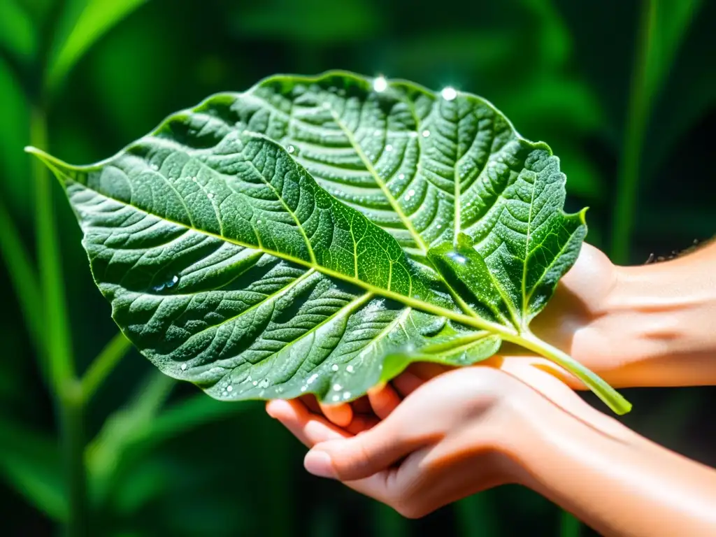 Detalle impresionante: mano sostiene hoja verde con gotas de agua Mano sosteniendo verdura verde con gotas de agua, realzando la importancia suplementación calcio deportistas