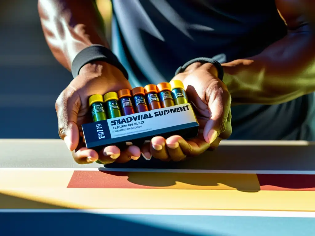 Manos de atleta: suplementos nutricionales para el rendimiento Manos de atleta sosteniendo suplementos nutrición deportiva, con intensidad y determinación, en vibrante composición de colores