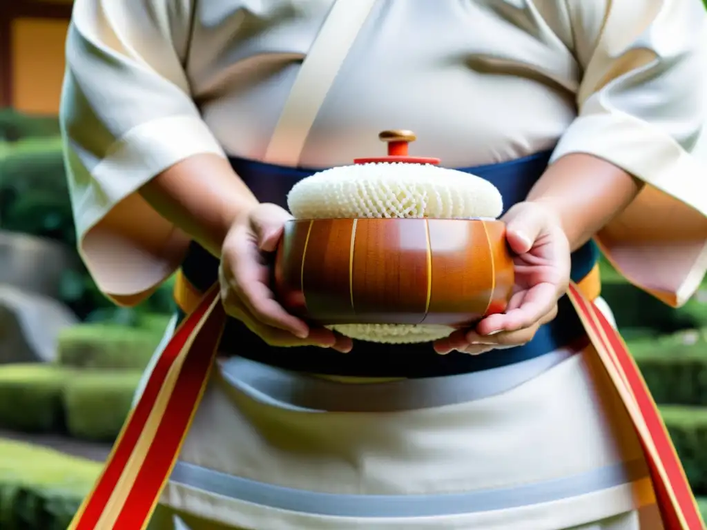 Manos de luchador de sumo sosteniendo mazo de arroz Manos de luchador de sumo con tsuna blanco sosteniendo mazo de arroz en jardín japonés, suplementación efectiva para luchadores de sumo