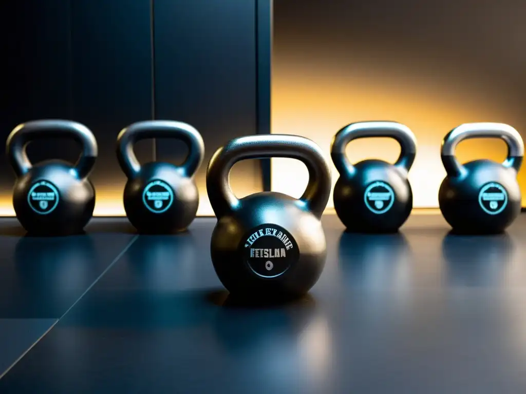 Kettlebells de Hierro Fundido: Detalles en Alta Definición Mejores pesas rusas para entrenamiento: Detalle en alta definición de las elegantes pesas rusas de hierro fundido en un gimnasio moderno