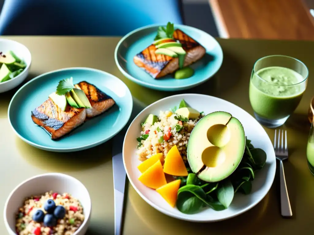 Deliciosas opciones de comidas posentrenamiento Una mesa elegante con variadas opciones de comida postentrenamiento, resaltando la importancia del timing nutricional para la recuperación muscular