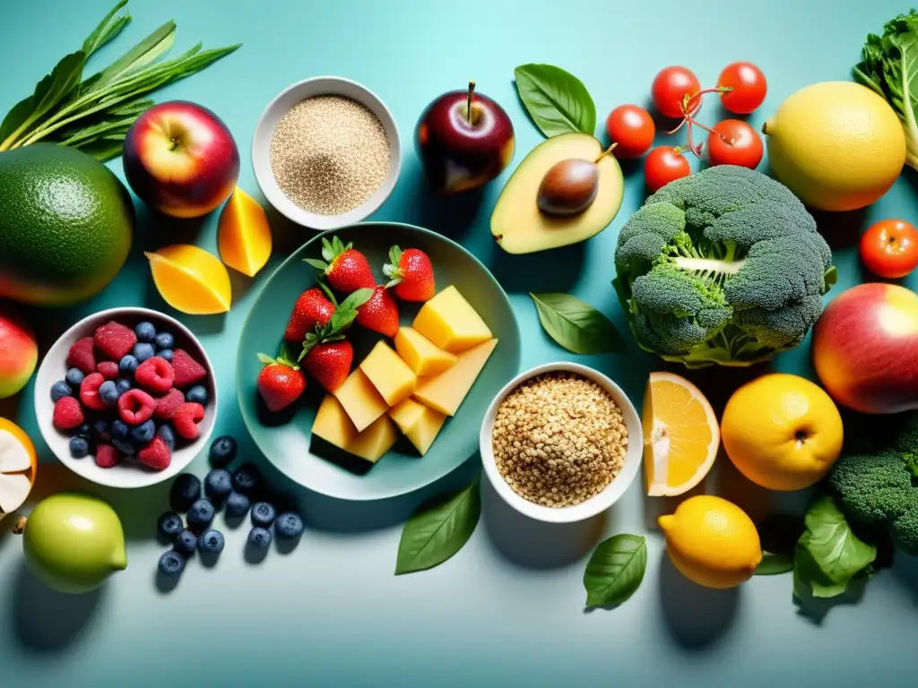 Mes exquisito de alimentos frescos y saludables Una mesa rebosante de alimentos vibrantes y nutritivos, bañada en luz natural