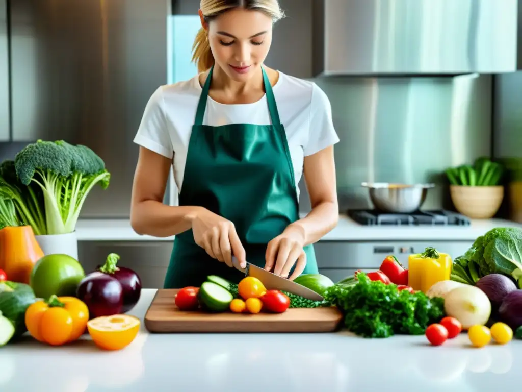 Preparación meticulosa de comida saludable en cocina moderna Preparación meticulosa de una comida saludable en una cocina moderna y luminosa