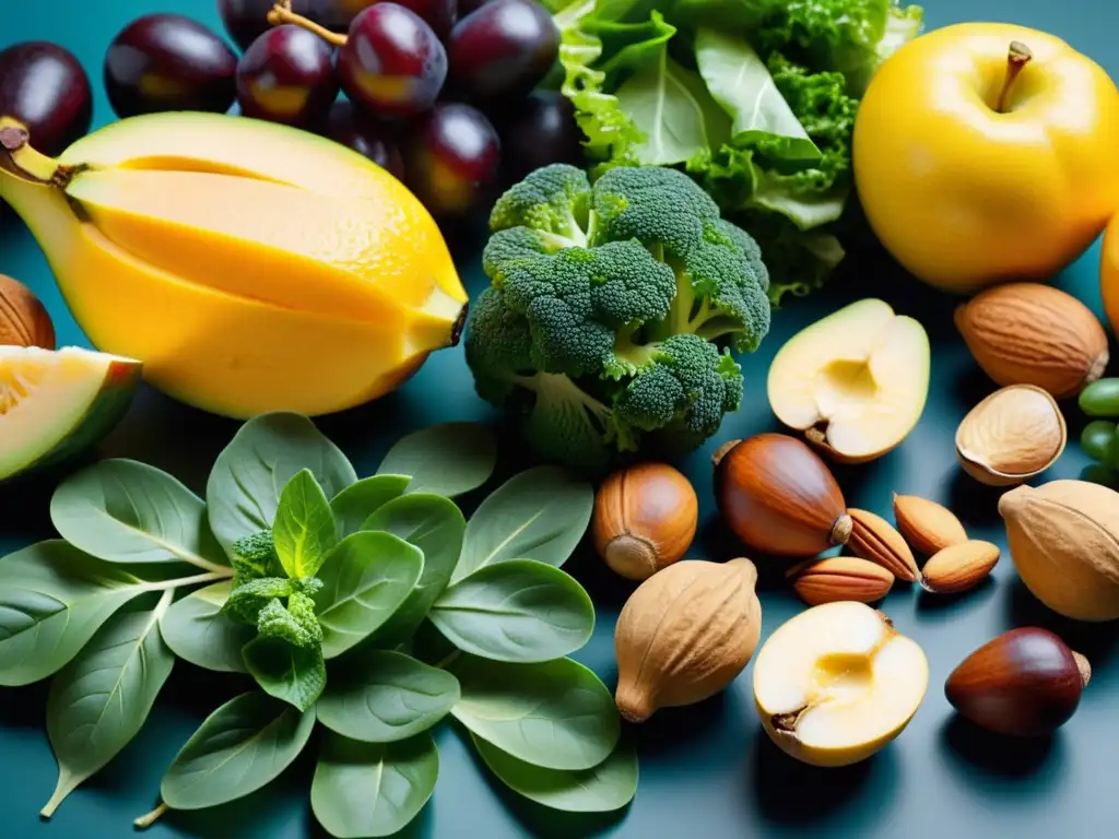 Vibrante variedad de alimentos saludables Una mezcla vibrante de alimentos saludables, con frutas frescas, verduras vibrantes, nueces y proteínas, creando una imagen impactante y moderna