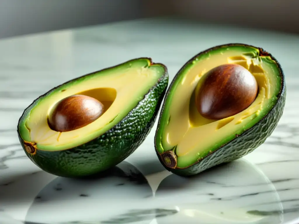Exquisita mitad de aguacate maduro en primer plano Mitad de aguacate maduro con grasas saludables para recuperación muscular