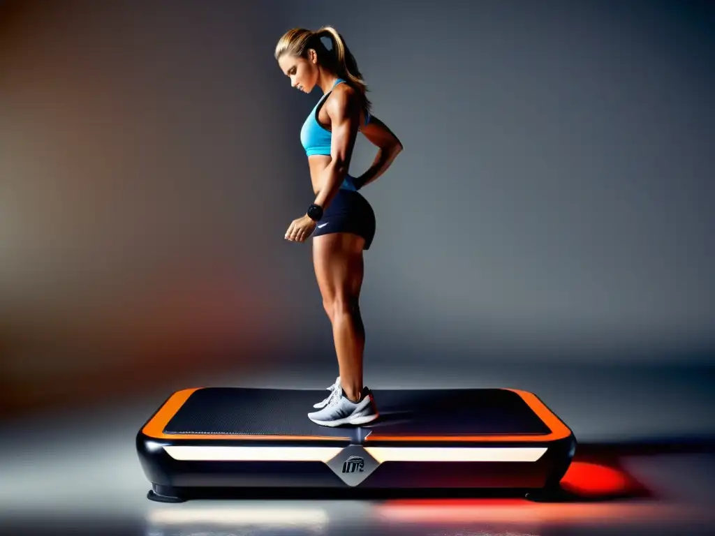 Entrenamiento de piernas en plataforma vibratoria Una modelo fitness demuestra ejercicios en una plataforma vibratoria para tonificación muscular