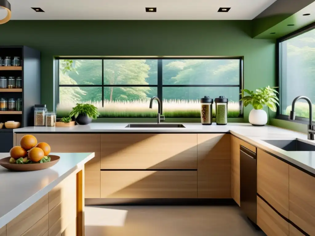 Cocina sostenible con nutrición deportiva eco-friendly en 8k Moderna cocina sostenible con productos de nutrición deportiva de bajo impacto ambiental y diseño ecofriendly