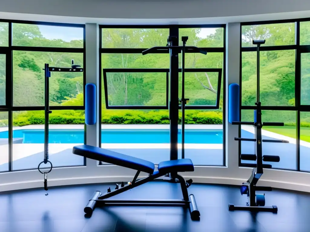 Banco de pesas multifuncional en un gimnasio espacioso y moderno Un moderno banco de pesas multifuncional en un amplio y luminoso gimnasio en casa