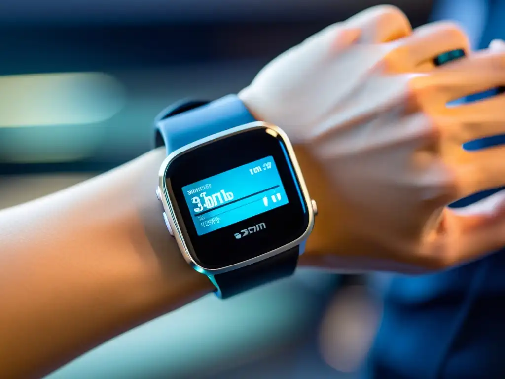 Monitor de fitness moderno con pantalla vibrante y datos personalizados Un moderno rastreador fitness con pantalla táctil vibrante, en un gimnasio minimalista