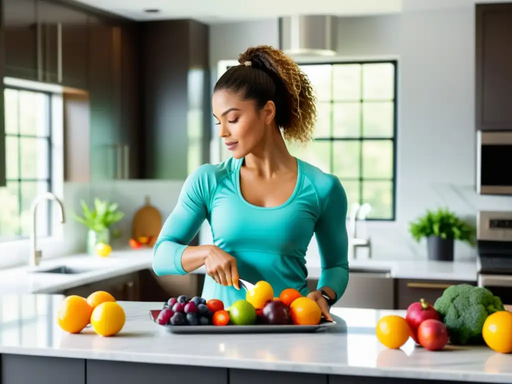 Preparando comida saludable en cocina moderna Una mujer prepara una comida post-entrenamiento en una cocina moderna y luminosa