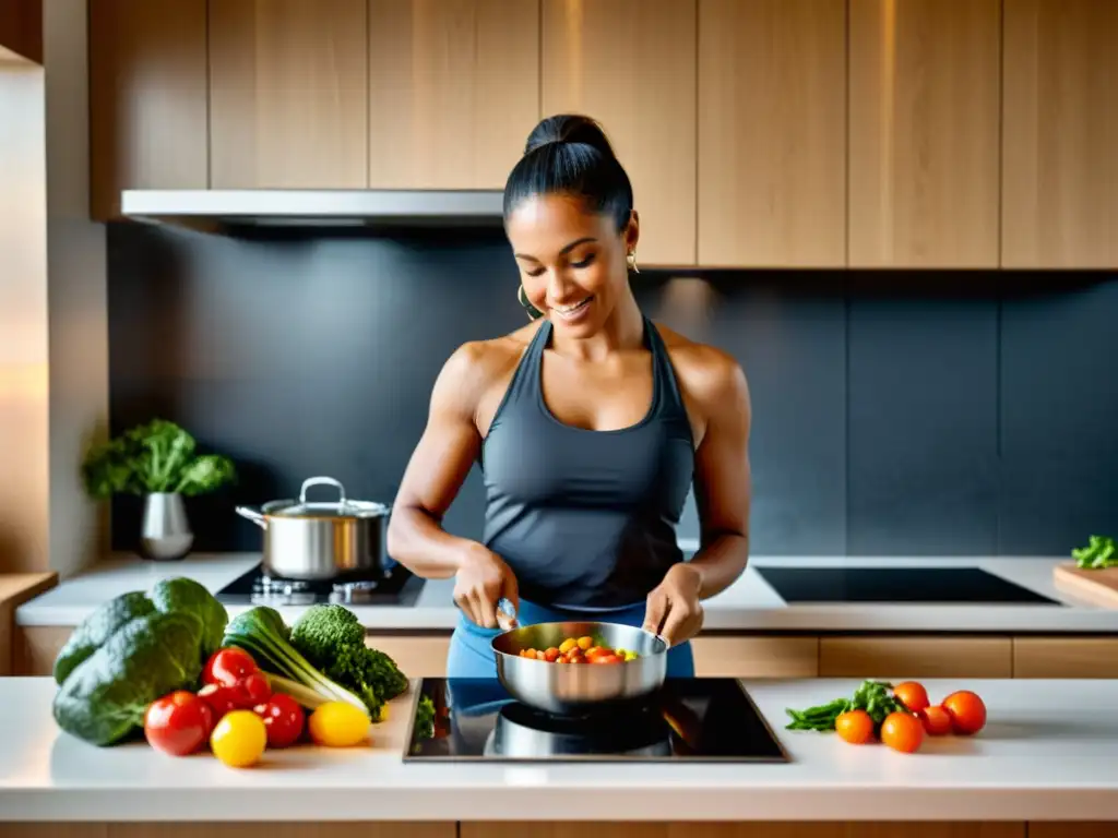 Preparación de comida saludable en cocina moderna Una mujer prepara una comida saludable en una cocina moderna y bien iluminada, enfocada en cortar vegetales frescos con una olla humeante en la estufa