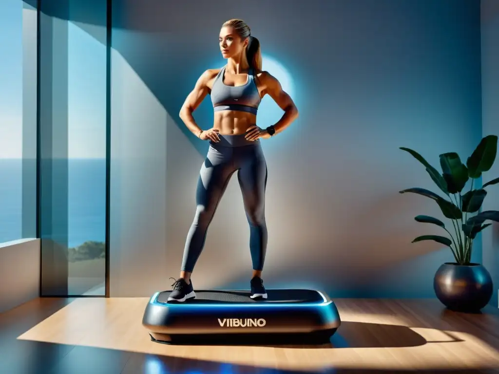Rutina de ejercicios en plataforma vibratoria en gimnasio moderno Una mujer en ropa deportiva tonifica sus músculos en una plataforma vibratoria en un gimnasio moderno