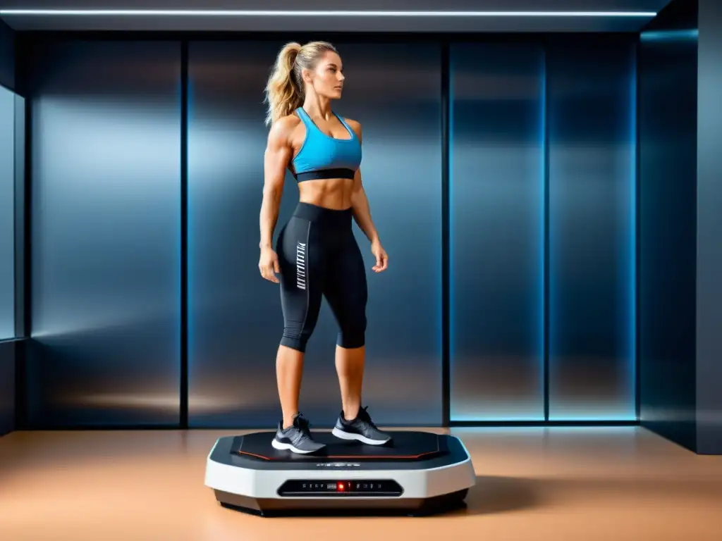 Entrenamiento de vibración: mujer tonificada en plataforma moderna Una mujer en ropa deportiva tonificando músculos en una plataforma vibratoria en un gimnasio moderno y luminoso, con equipos de fitness