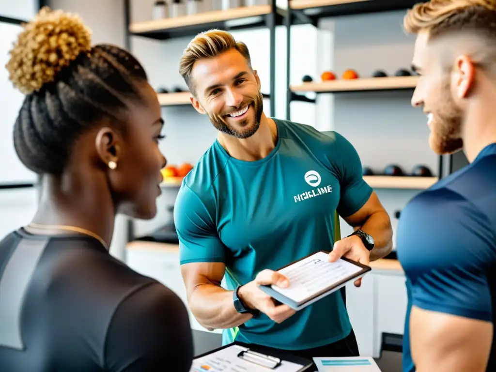 Nutricionista profesional y atleta de alto rendimiento en consulta Nutricionista deportivo y atleta revisan plan de nutrición personalizado en clínica moderna