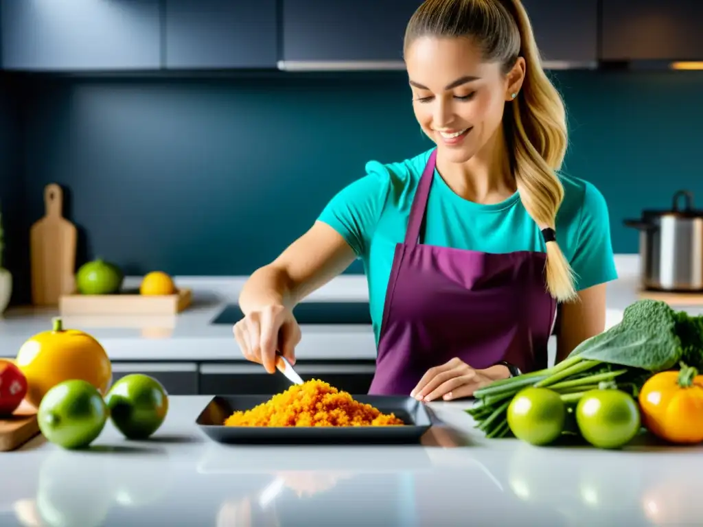 Nutricionista profesional preparando comida energética para patinadores Nutricionista preparando comida preentrenamiento para patinadores sobre hielo con ingredientes saludables y coloridos en cocina moderna