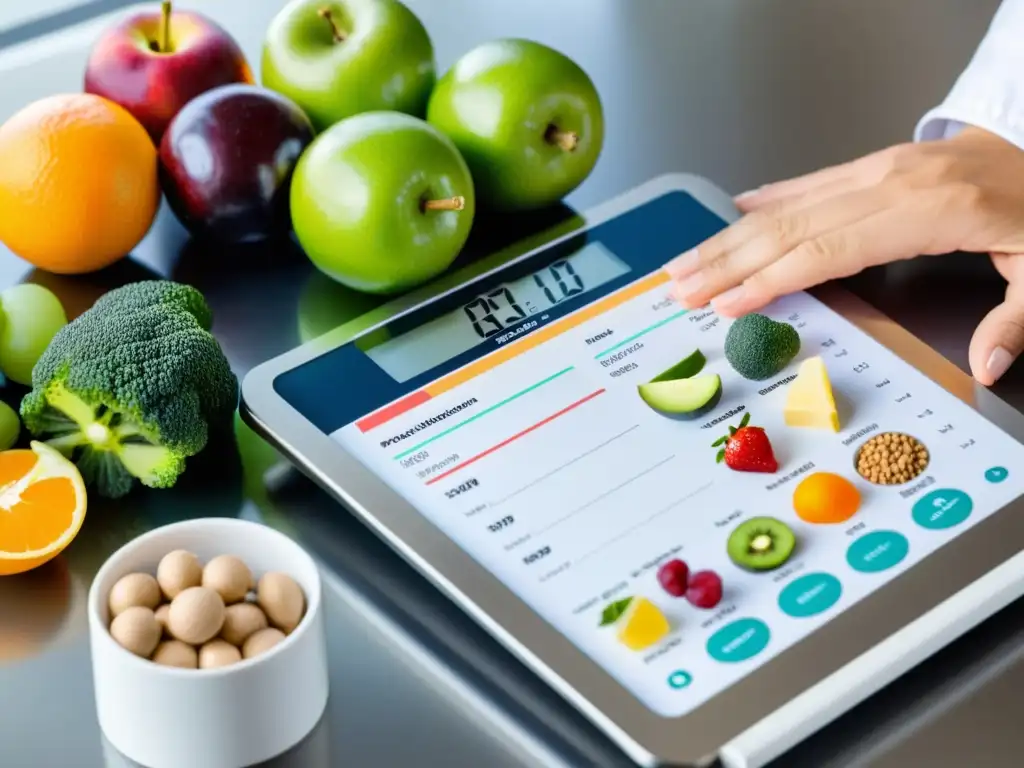 Nutricionista deportivo experto en acción Una nutricionista deportiva profesional crea un plan nutricional deportivo para rendimiento, pesando y midiendo alimentos frescos con precisión en una cocina moderna y luminosa