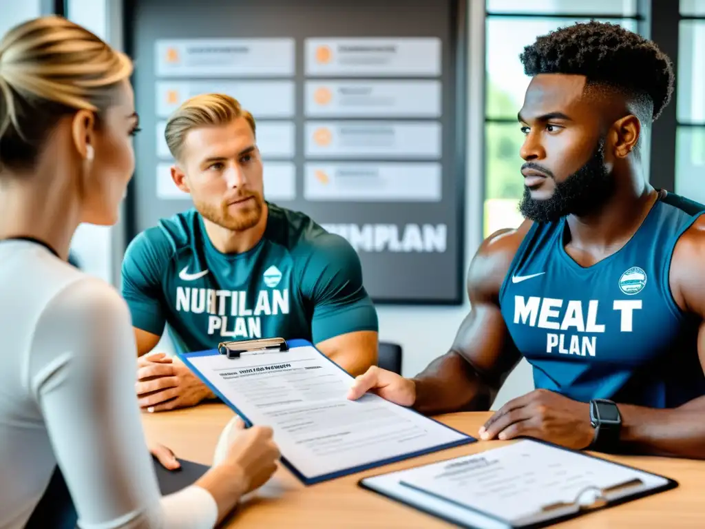 Consulta nutricional para atleta: plan personalizado Un nutricionista deportivo consulta con un atleta, mostrando un plan nutricional deportivo para rendimiento en una oficina moderna y motivadora