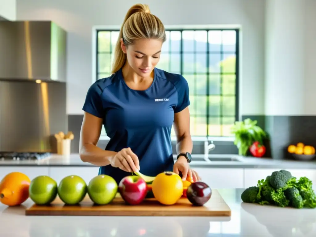 Nutricionista deportivo: preparando alimentos frescos y vibrantes Nutricionista deportivo preparando plan nutricional para rendimiento óptimo con alimentos frescos y coloridos en una cocina minimalista