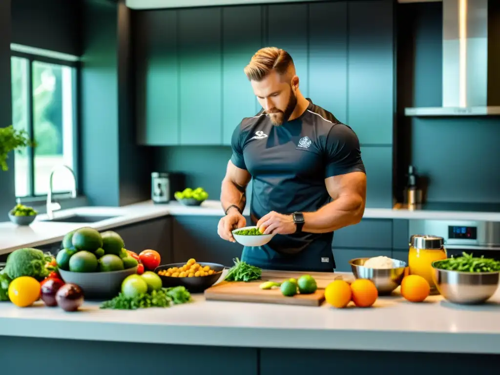 Nutricionista deportivo personalizando plan nutricional para atleta Un nutricionista deportivo profesional prepara un plan de comidas personalizado con precisión en una cocina moderna