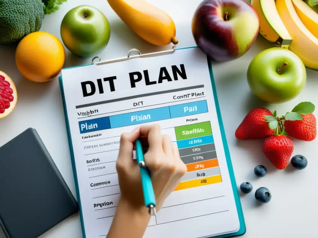 Nutricionista profesional diseñando plan dietético para atleta Nutricionista experta preparando dieta para atleta con enfoque en estrategias nutricionales para control de peso, rodeada de alimentos saludables y referencias científicas