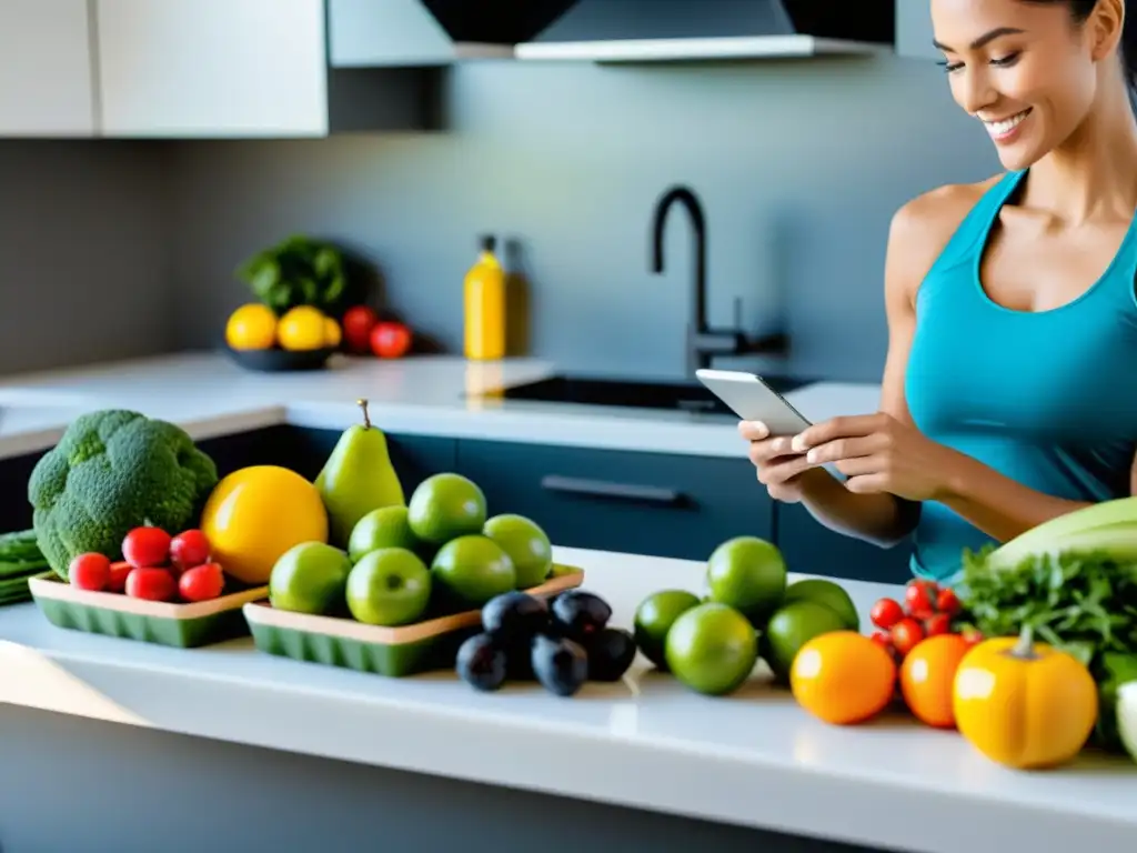 Nutricionista profesional crea plan personalizado para atleta Una nutricionista experta prepara un plan de comida personalizado para un atleta, enfocada y meticulosa