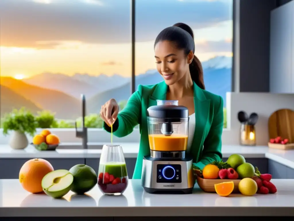 Nutricionista experto preparando batido para atletas Un nutricionista deportivo mezcla ingredientes para patinaje sobre hielo en un ambiente moderno y acogedor, con frutas y verduras frescas