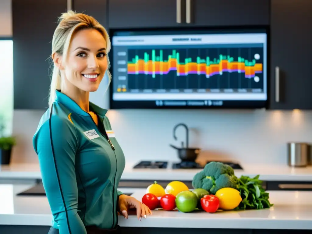Nutricionista profesional personalizando planes de alimentación para atletas de alto rendimiento en cocina moderna y vibrante Nutricionista preparando planes de alimentación personalizados para atletas de alto rendimiento en cocina moderna y llena de ingredientes frescos