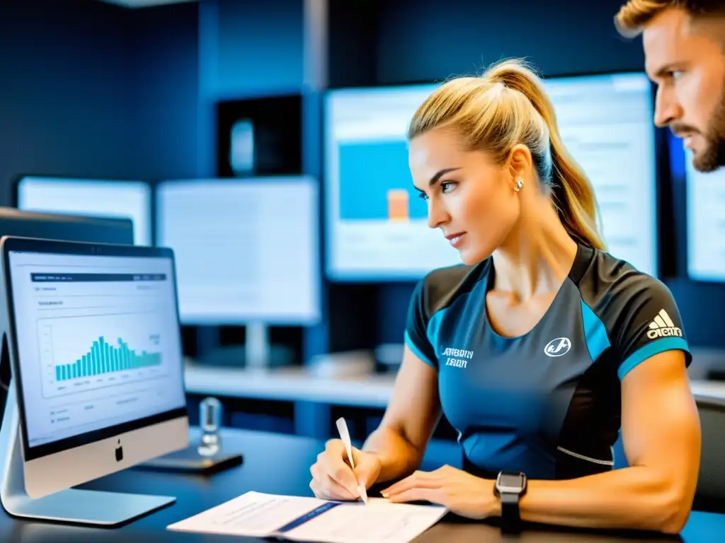 Nutricionista de élite y atleta: nutrición personalizada y ciencia deportiva Un nutricionista profesional y un atleta de alto rendimiento colaboran en un laboratorio de vanguardia para crear un plan de nutrición deportiva personalizada, combinando ciencia y excelencia atlética