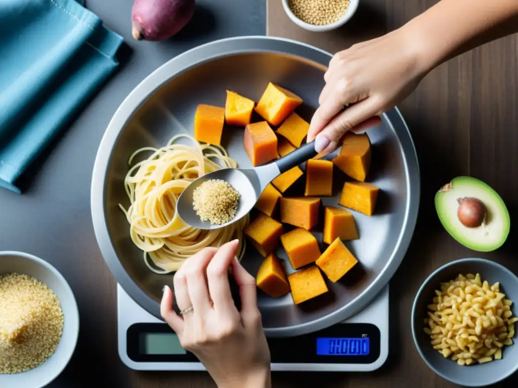 Nutricionista profesional: pesando carbohidratos para rendimiento atlético Nutricionista profesional midiendo carbohidratos para rendimiento atlético