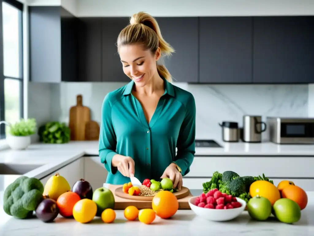 Nutricionista profesional preparando comida post-entrenamiento Una nutricionista profesional prepara una colorida comida postentrenamiento en una cocina moderna y luminosa